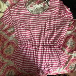 Pink and White top w/ lace back and cinched waist